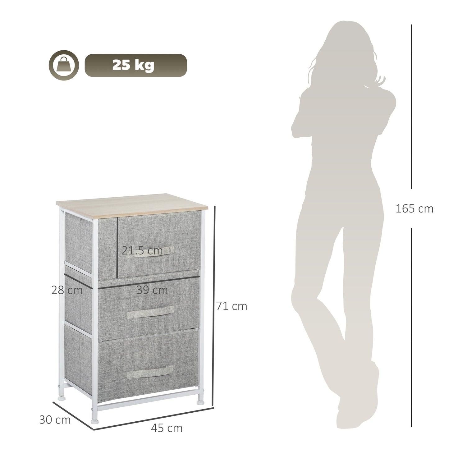 HOMCOM Vertical 3-Tier Linen Drawer Cabinet Organizer Storage Dresser Tower with Metal Frame Adjustable Feet for Living Room, Bathroom, Kitchen, White, Oak and Light Grey