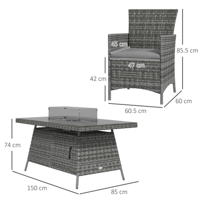 7 Piece PE Rattan Dining Sets w/ Fire Pit Table, Garden Dining Set w/ Heater Table, Armchairs w/ Cushions, Glass Windscreen, 50,000 BTU, Grey