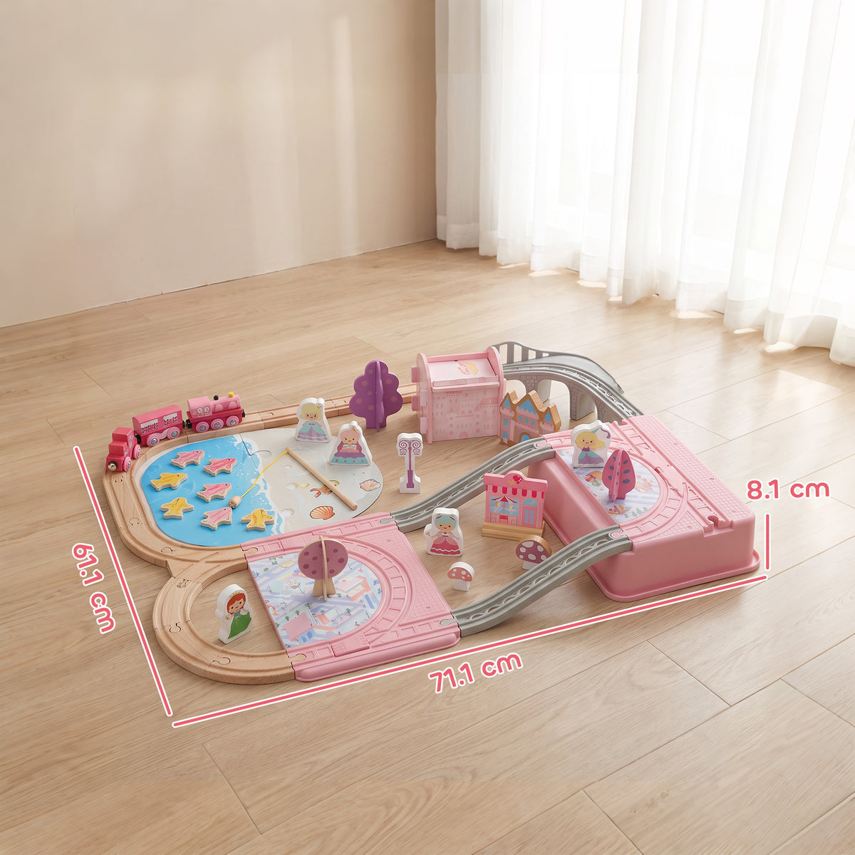 AIYAPLAY Wooden Train Set, 58PCS Train Track Set with 17 Track Pieces, 5 Princess Figures and Accessories