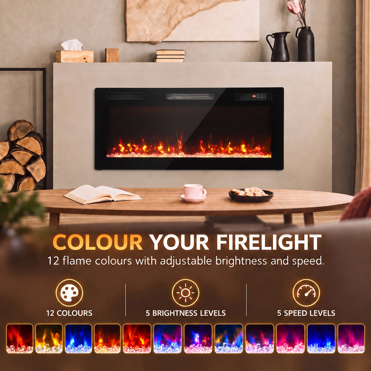 HOMCOM Ultra-Thin Electric Fire Wall Mounted/Recessed/Freestanding 102cm/40" Electric Fireplace with 12 Colours, 5 Brightness