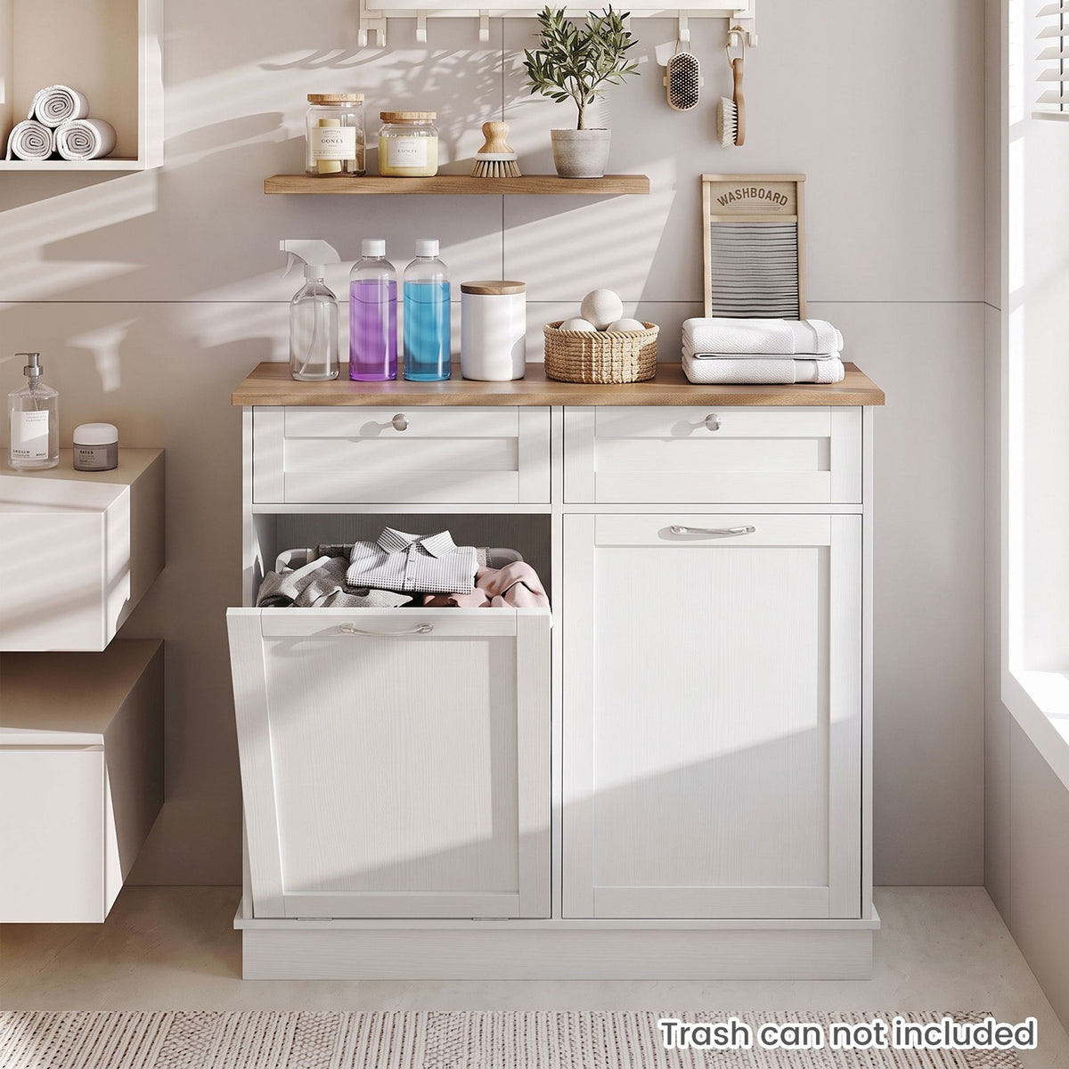 Hidden Tilt Out Trash Bin Cabinet with Shelves Wooden Storage Organizer for Kitchen-White