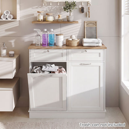 Hidden Tilt Out Trash Bin Cabinet with Shelves Wooden Storage Organizer for Kitchen-White