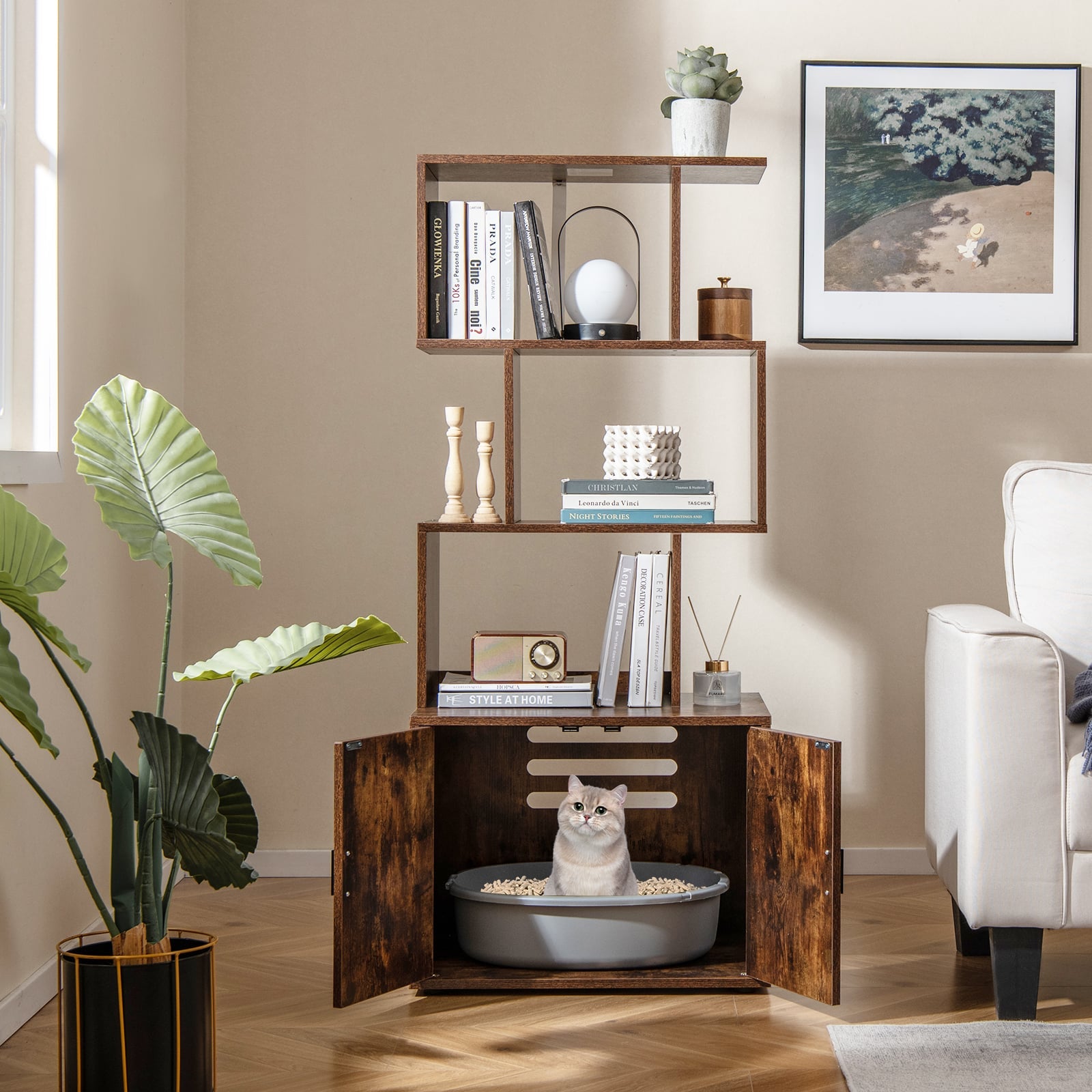 2-in-1 Hidden Cat Litter Box Enclosure with 3 Open Shelves-Rustic Brown