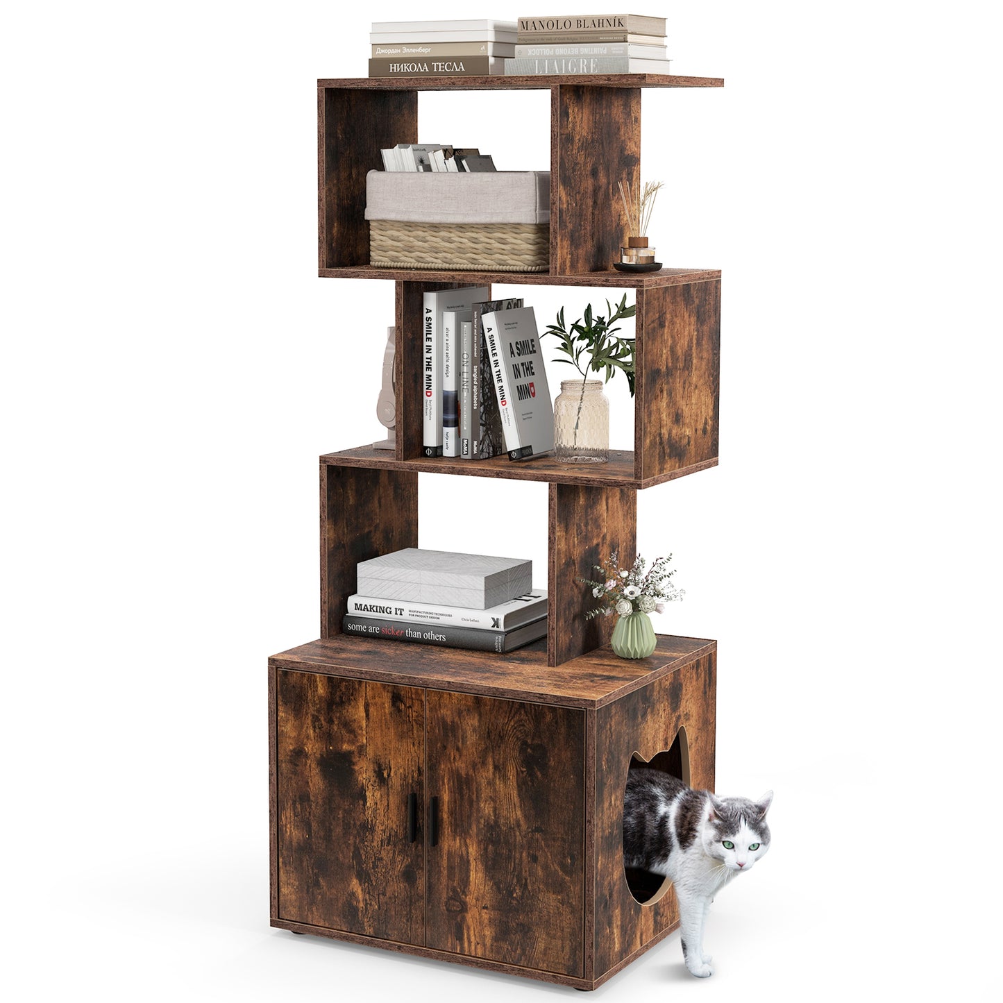 2-in-1 Hidden Cat Litter Box Enclosure with 3 Open Shelves-Rustic Brown