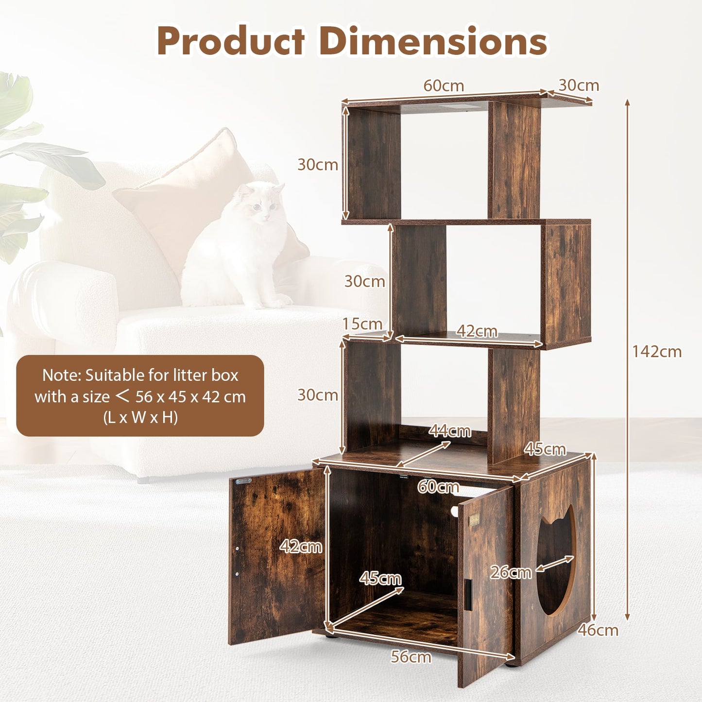 2-in-1 Hidden Cat Litter Box Enclosure with 3 Open Shelves-Rustic Brown