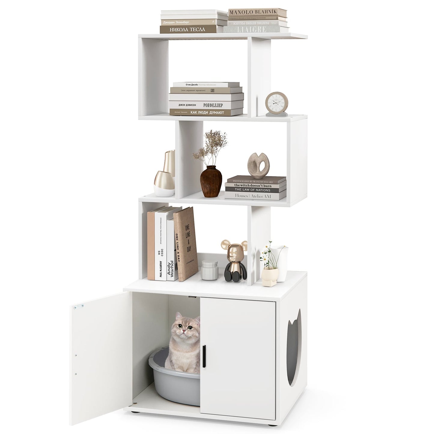 2-in-1 Hidden Cat Litter Box Enclosure with 3 Open Shelves-White