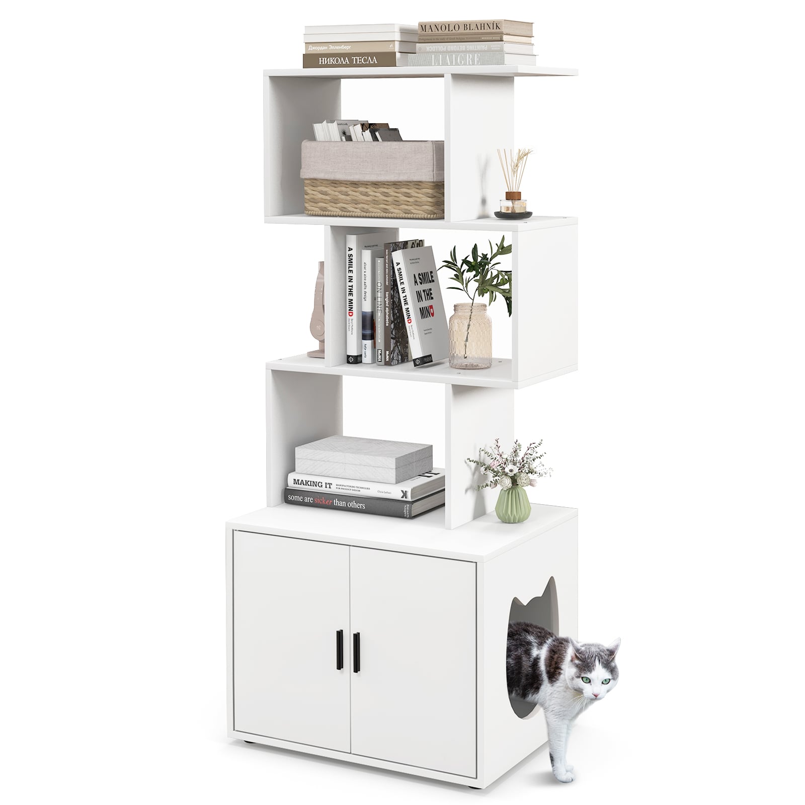 2-in-1 Hidden Cat Litter Box Enclosure with 3 Open Shelves-White
