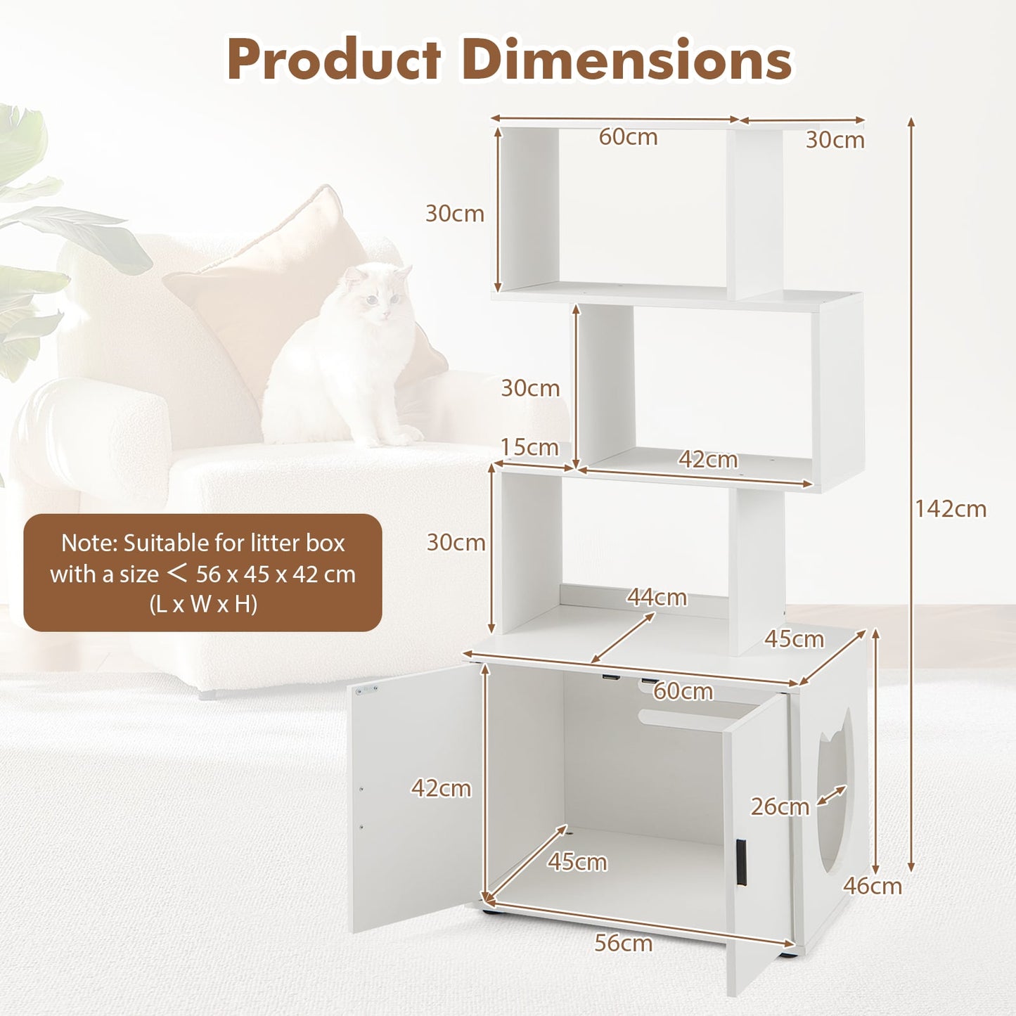 2-in-1 Hidden Cat Litter Box Enclosure with 3 Open Shelves-White