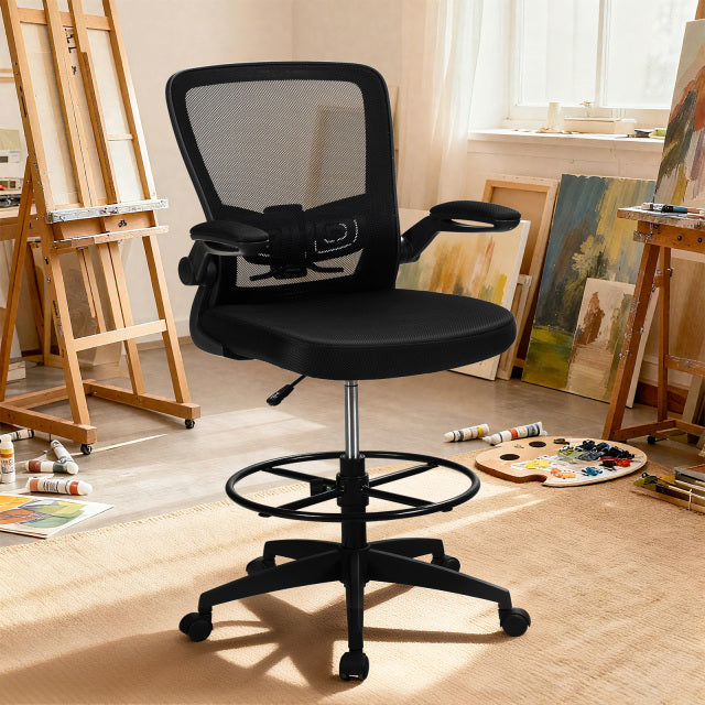 High Back Mesh Office Chair with Flip-up Armrests Footrest Ring Set of 2-Black