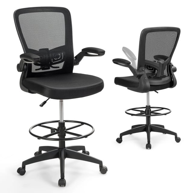 High Back Mesh Office Chair with Flip-up Armrests Footrest Ring Set of 2-Black