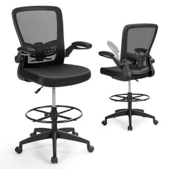 High Back Mesh Office Chair with Flip-up Armrests Footrest Ring Set of 2-Black