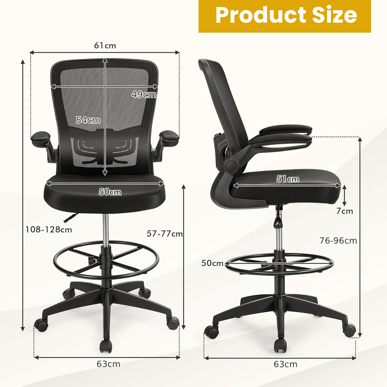 High Back Mesh Office Chair with Flip-up Armrests Footrest Ring Set of 2-Black