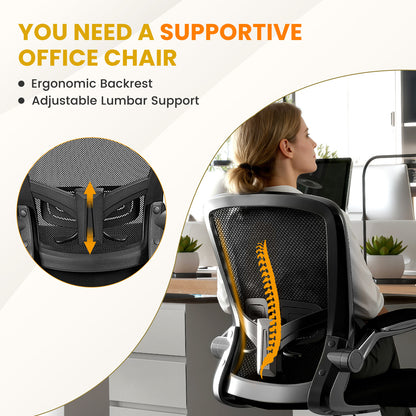 High Back Mesh Office Chair with Flip-up Armrests Footrest Ring Set of 2-Black