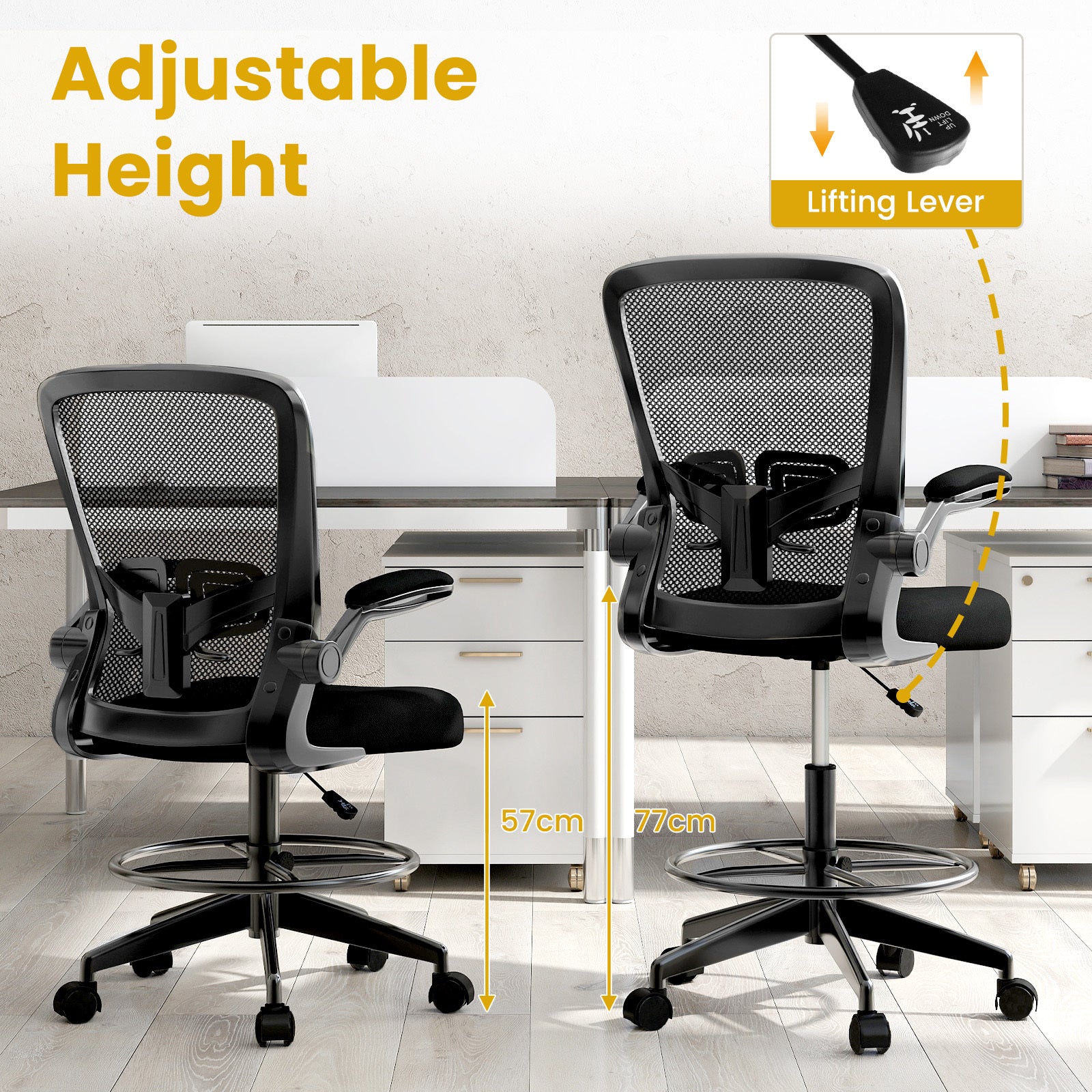 High Back Mesh Office Chair with Flip-up Armrests Footrest Ring Set of 2-Black