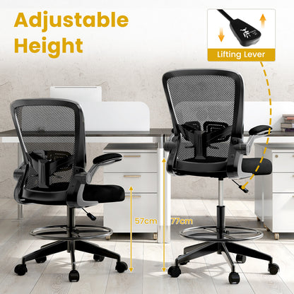 High Back Mesh Office Chair with Flip-up Armrests Footrest Ring Set of 2-Black