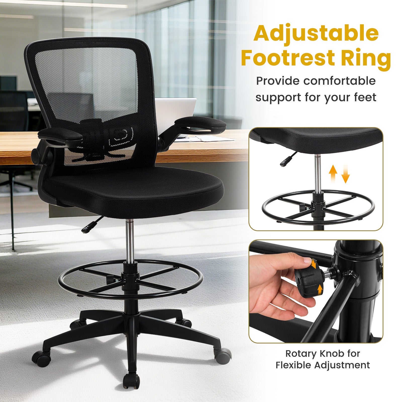 High Back Mesh Office Chair with Flip-up Armrests Footrest Ring Set of 2-Black