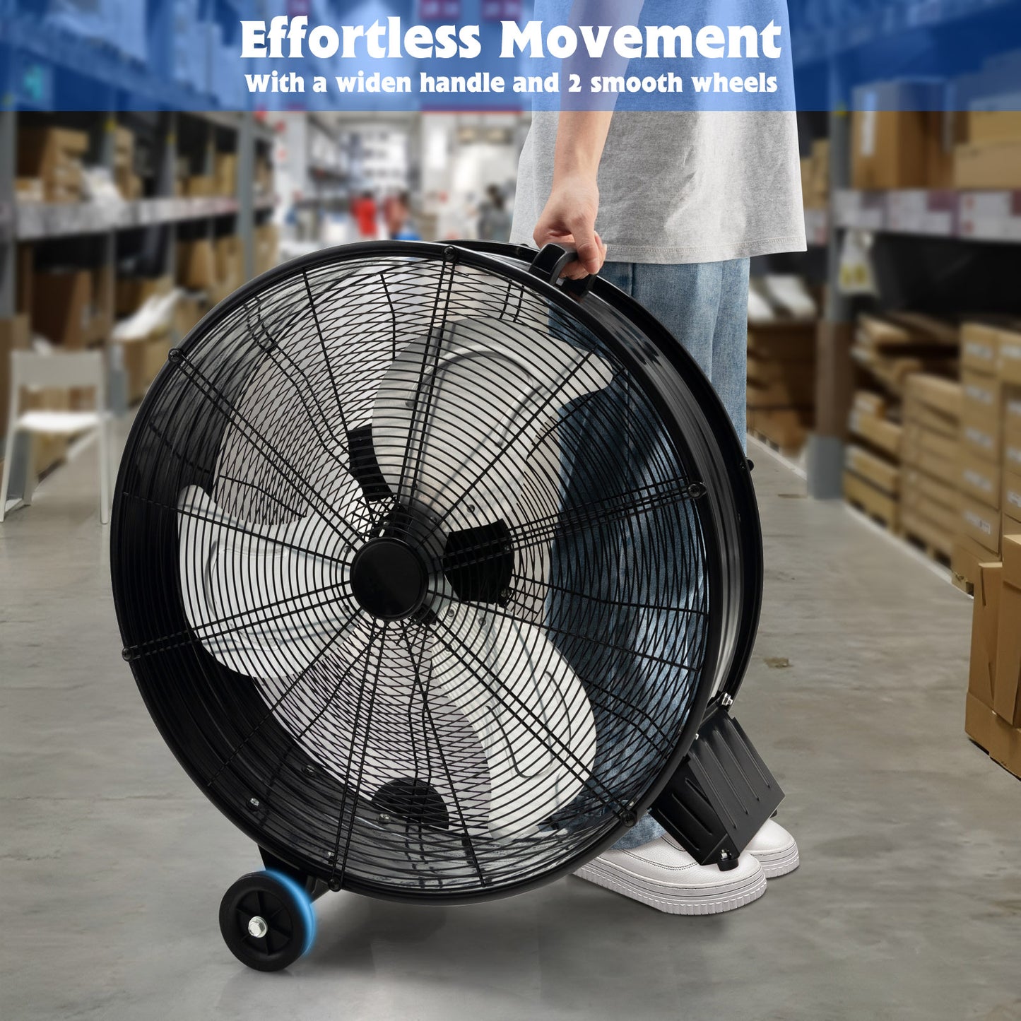 24 Inch High-Velocity Industrial Floor Fan with Wheels and Handle-Black