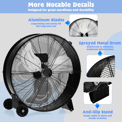 24 Inch High-Velocity Industrial Floor Fan with Wheels and Handle-Black