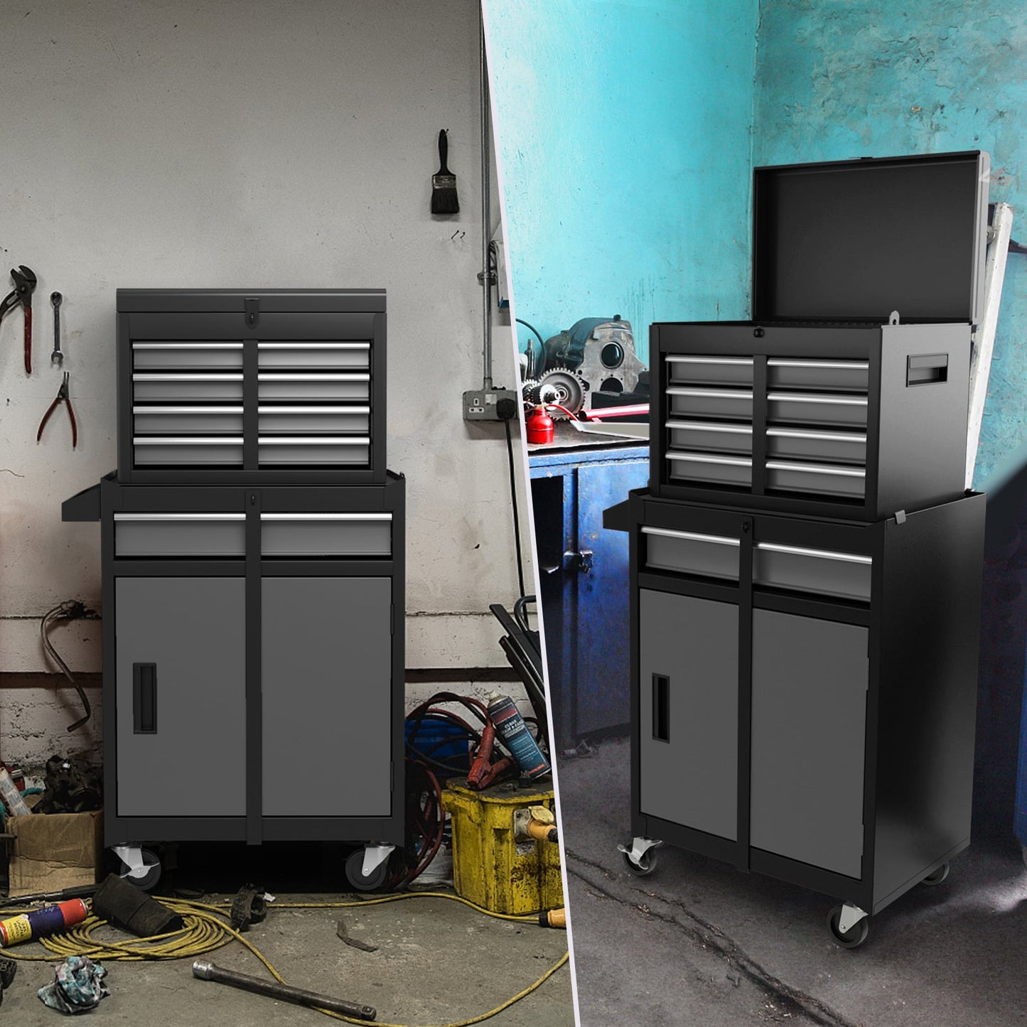 High Capacity Tool Storage Cabinet with Lockable Wheels-Black &amp; Grey