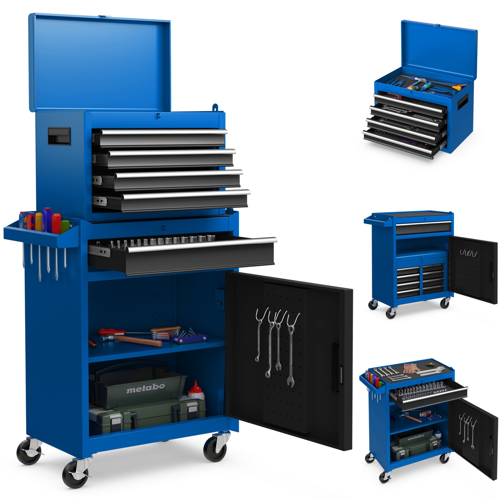 High Capacity Tool Storage Cabinet with Lockable Wheels-Blue