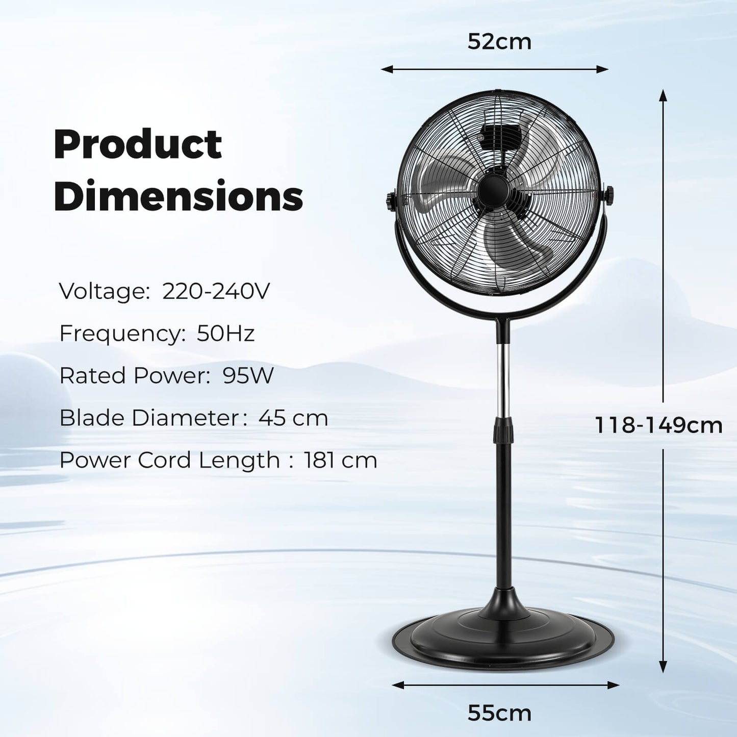 High Velocity Pedestal Fan Industrial Adjustable with 3 Speeds and 360° Tilt-Black