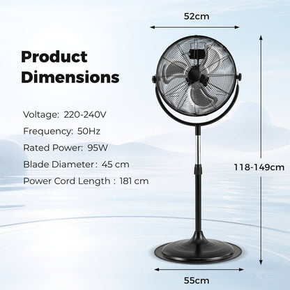 High Velocity Pedestal Fan Industrial Adjustable with 3 Speeds and 360° Tilt-Black