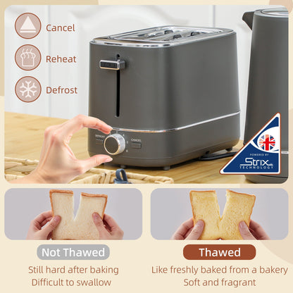 HOMCOM Kettle and Toaster Set, 1.7L 3000W Fast Boil Kettle & 2 Slice Toaster Kitchen Set with 6 Level Browning Controls, Defrost, Reheat, Grey