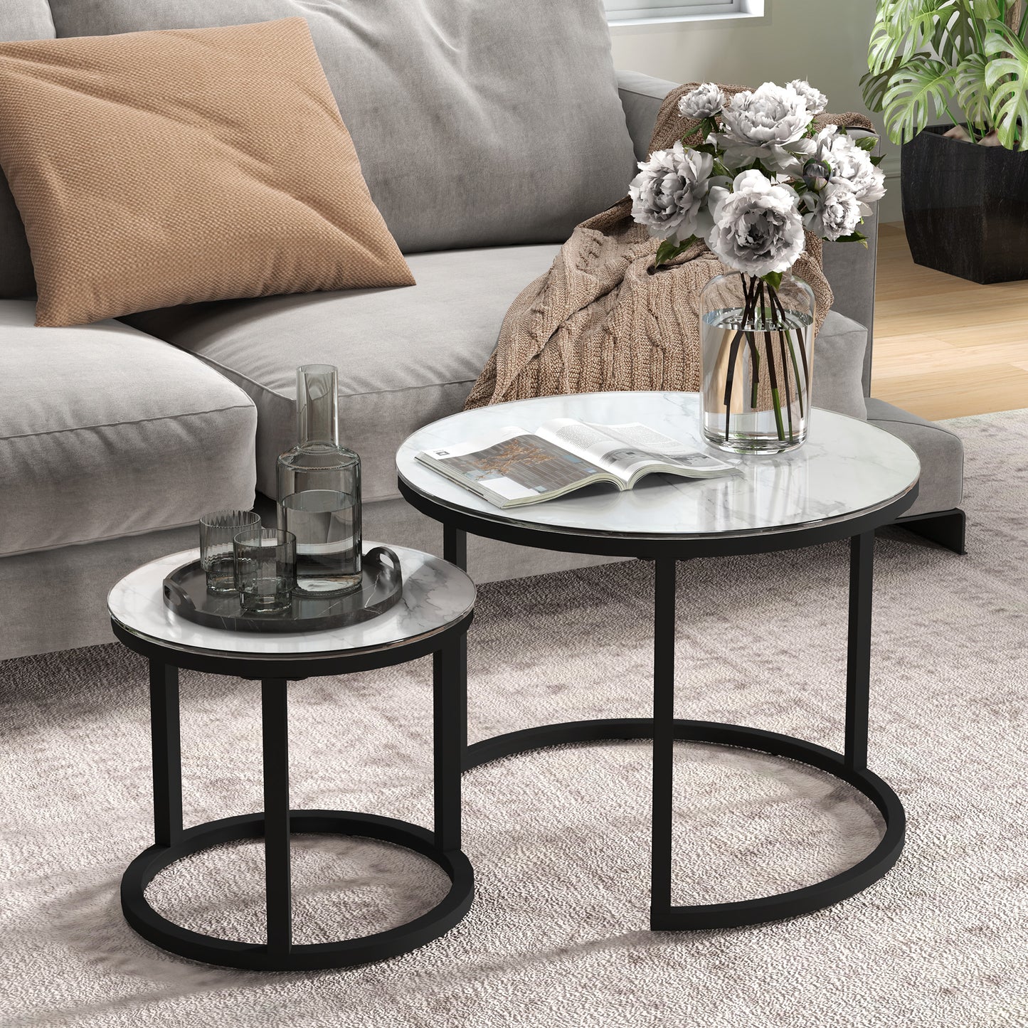 HOMCOM Glass Coffee Table Set of 2, Round Nest of Tables with Marble-Effect Tempered Glass Tabletop and Steel Frame, Modern Side Tables for Living Room, White