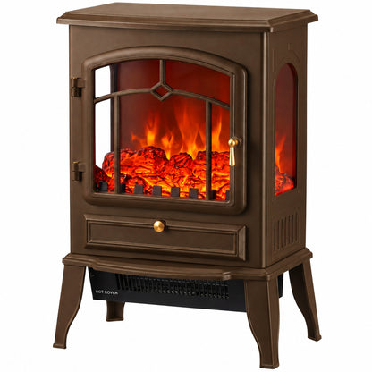 HOMCOM Electric Fireplace Stove, 1000/2000W 3-Sided Freestanding Fireplace Heater with 3D Flame Log, Thermostat, Brown