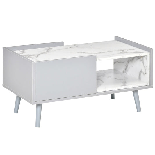 HOMCOM White Coffee Table with Faux Marble Top, 2-Tier Wood Center Table Sofa Table with Storage Drawer and Shelf for Home Living Room Reception Room