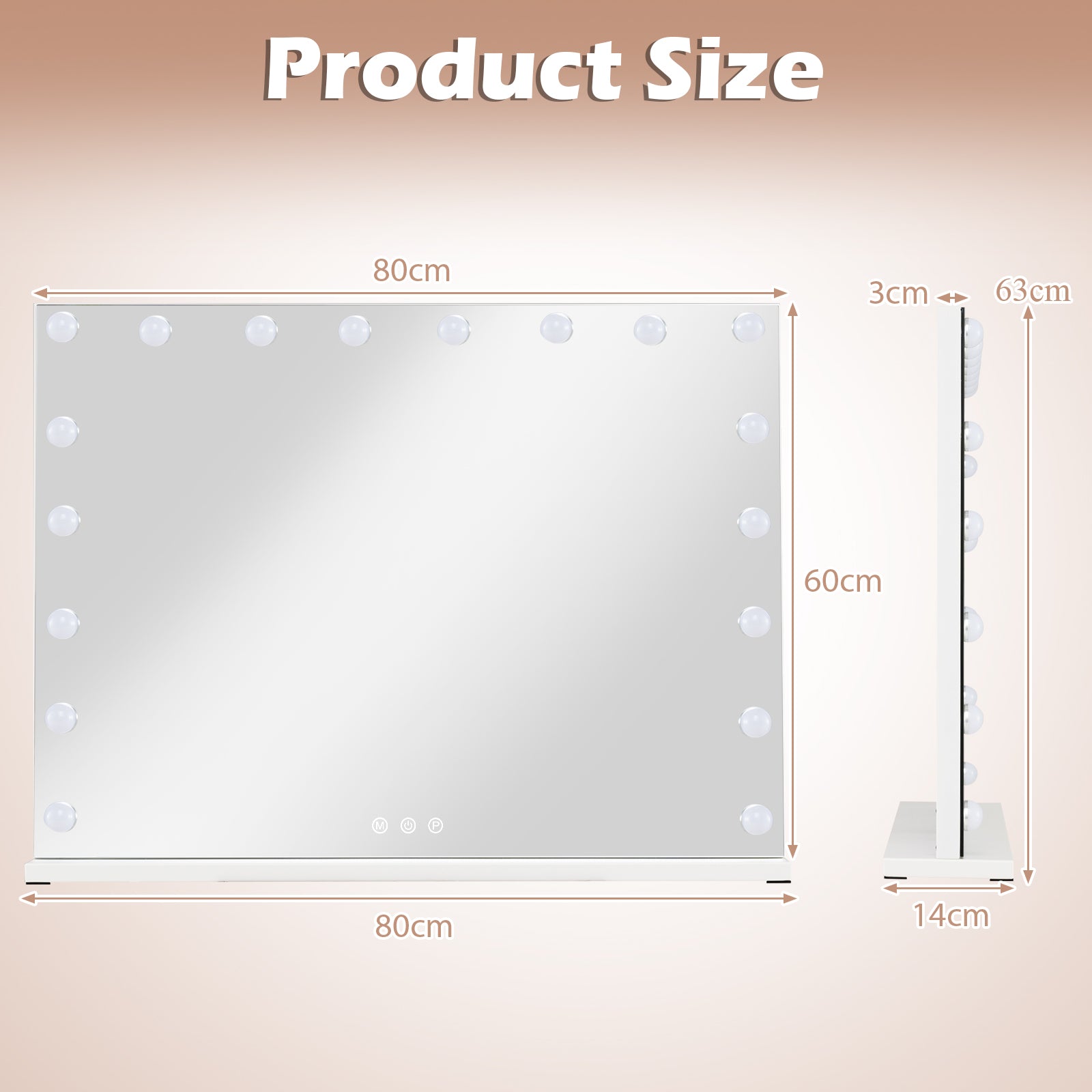 Hollywood Vanity Mirror with 3 Light Colors and Adjustable Brightness-White-L