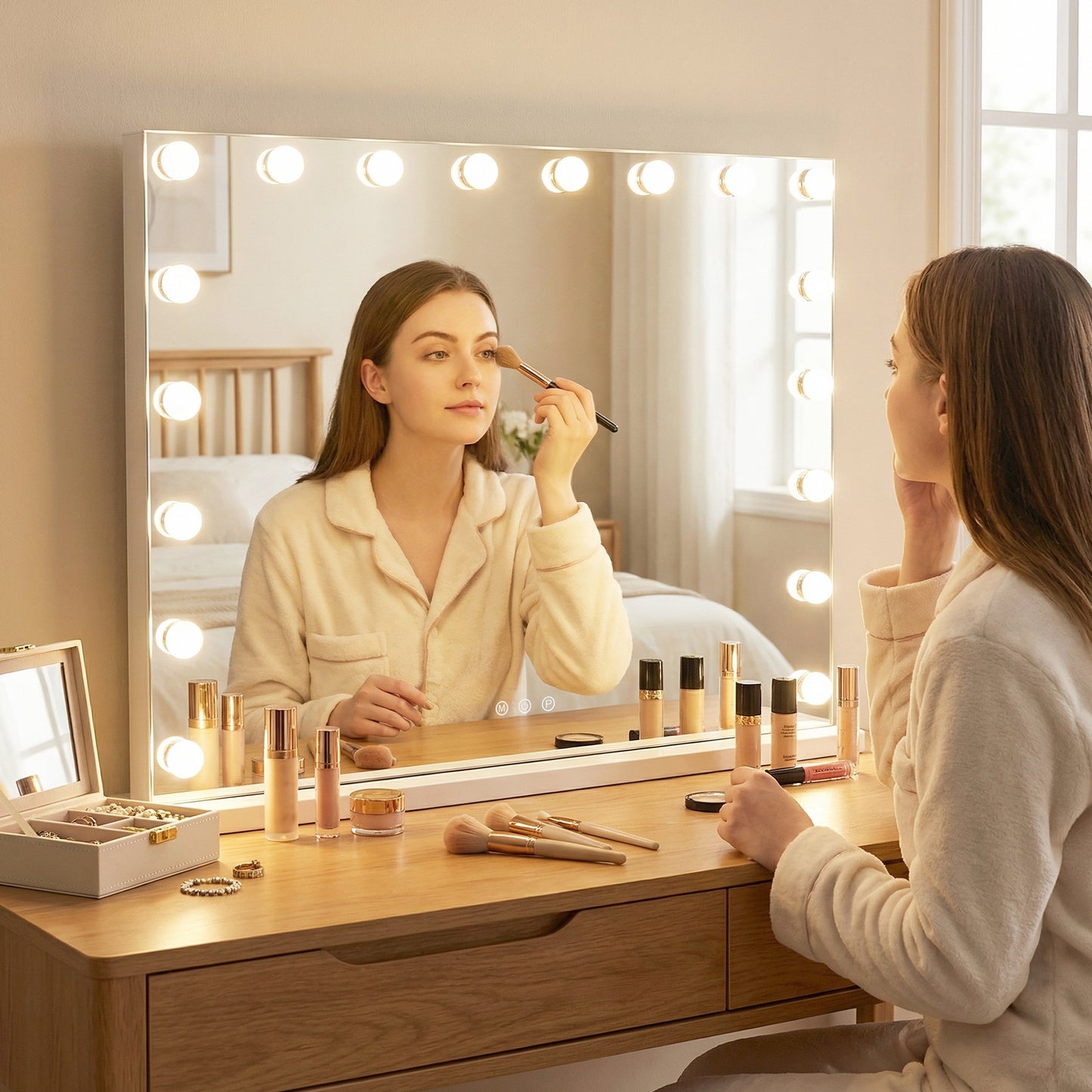 Hollywood Vanity Mirror with 3 Light Colors and Adjustable Brightness-White-L