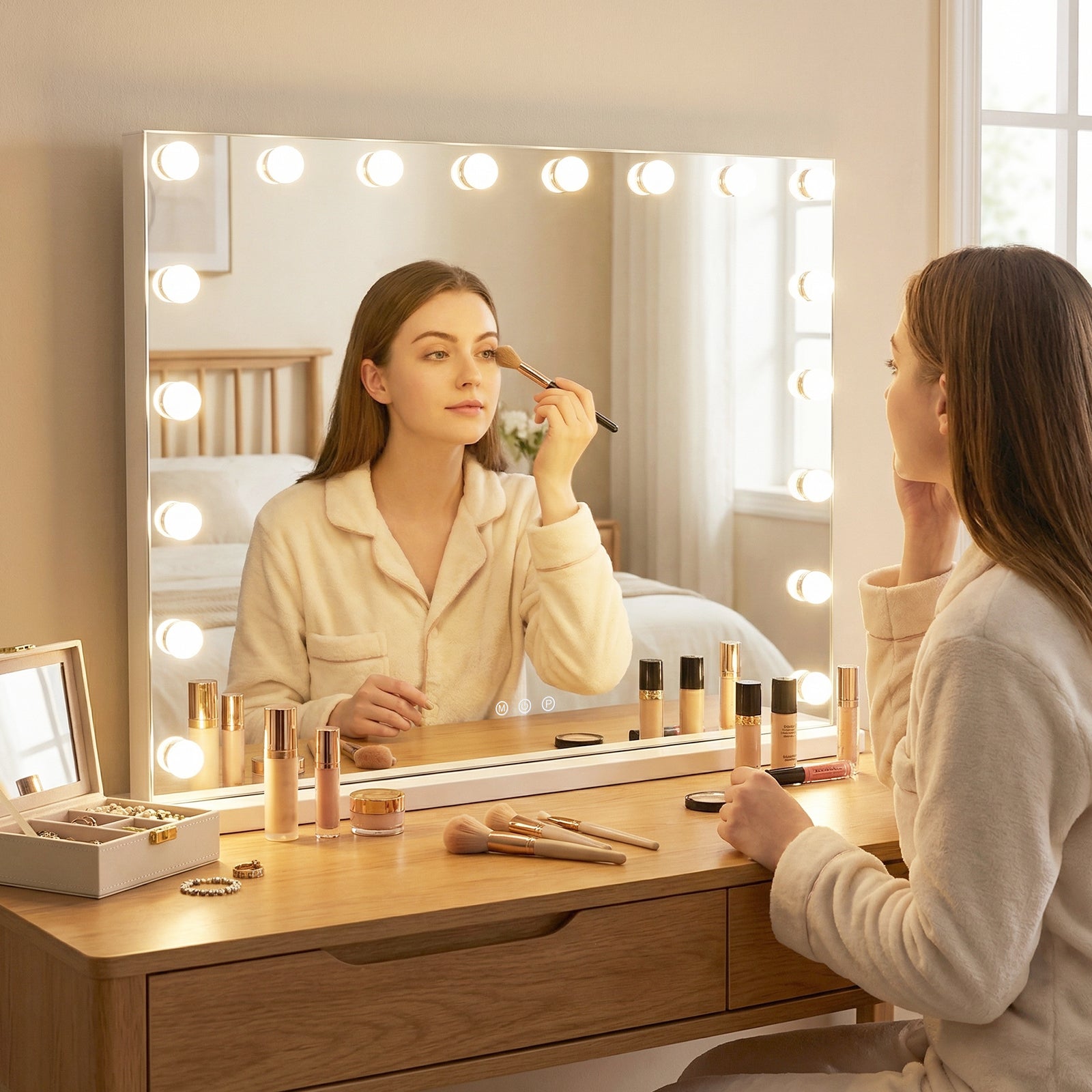 Hollywood Vanity Mirror with 3 Light Colors and Adjustable Brightness-White-L