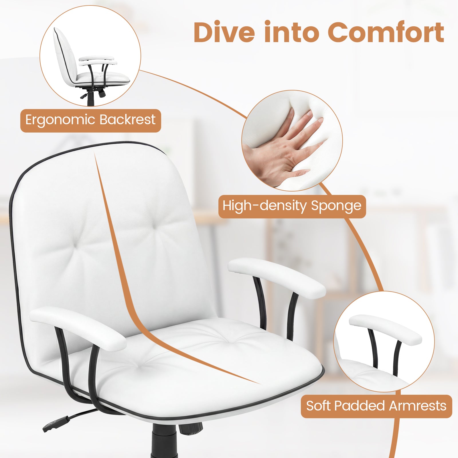 Home Office Desk Chair PU Leather Makeup Vanity Chair with Adjustable Height and Rocking Function-White