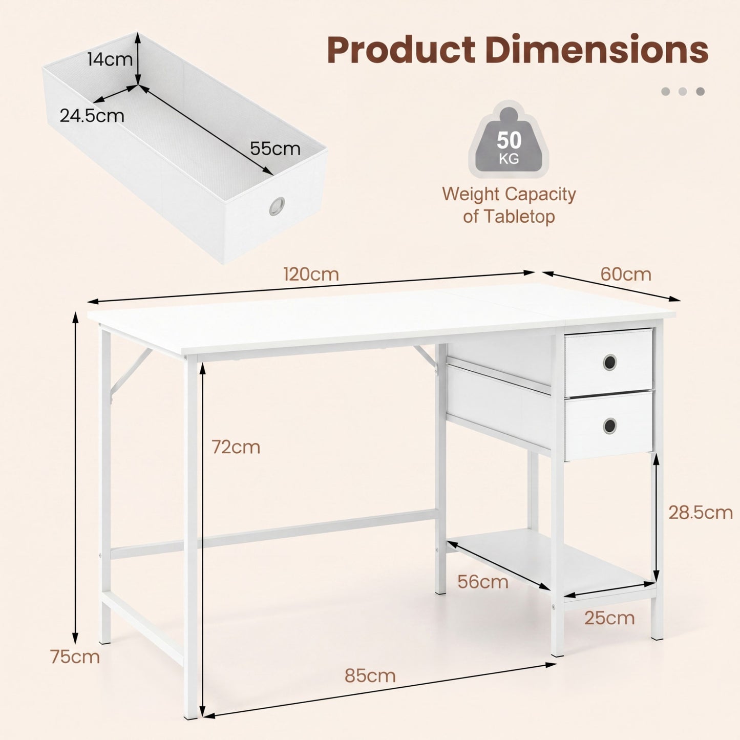 Home Office Desk Modern Computer Workstation with 2 Foldable Fabric Drawers-White