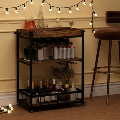 Home Bar Cart on Wheels Kitchen Serving Cart with Removable Tray-Rustic Brown