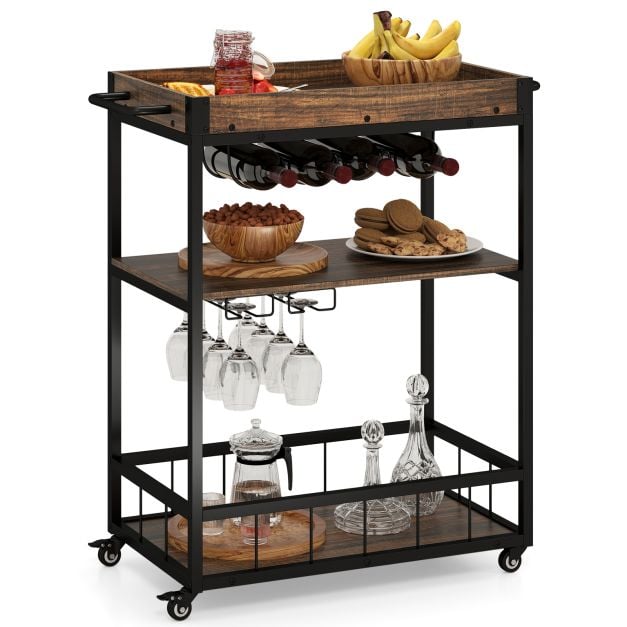 Home Bar Cart on Wheels Kitchen Serving Cart with Removable Tray-Rustic Brown