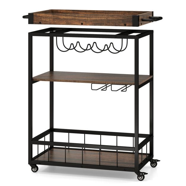Home Bar Cart on Wheels Kitchen Serving Cart with Removable Tray-Rustic Brown