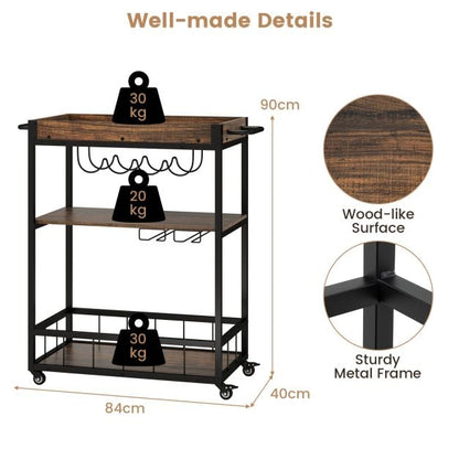Home Bar Cart on Wheels Kitchen Serving Cart with Removable Tray-Rustic Brown