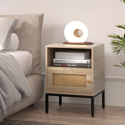 Home Boho Style Nightstand Accent Table with Open Shelf and Door Cabinet-Natural