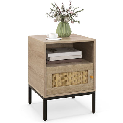 Home Boho Style Nightstand Accent Table with Open Shelf and Door Cabinet-Natural