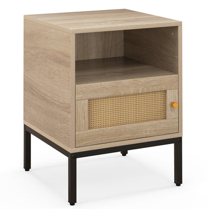 Home Boho Style Nightstand Accent Table with Open Shelf and Door Cabinet-Natural