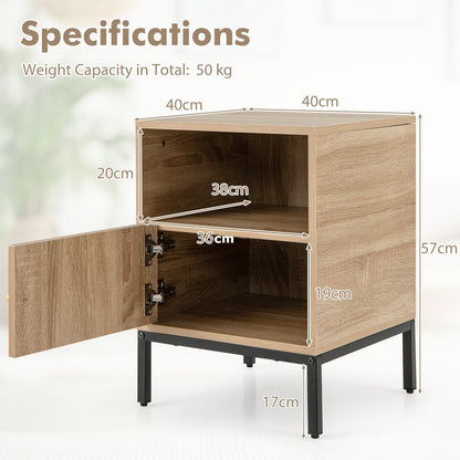 Home Boho Style Nightstand Accent Table with Open Shelf and Door Cabinet-Natural