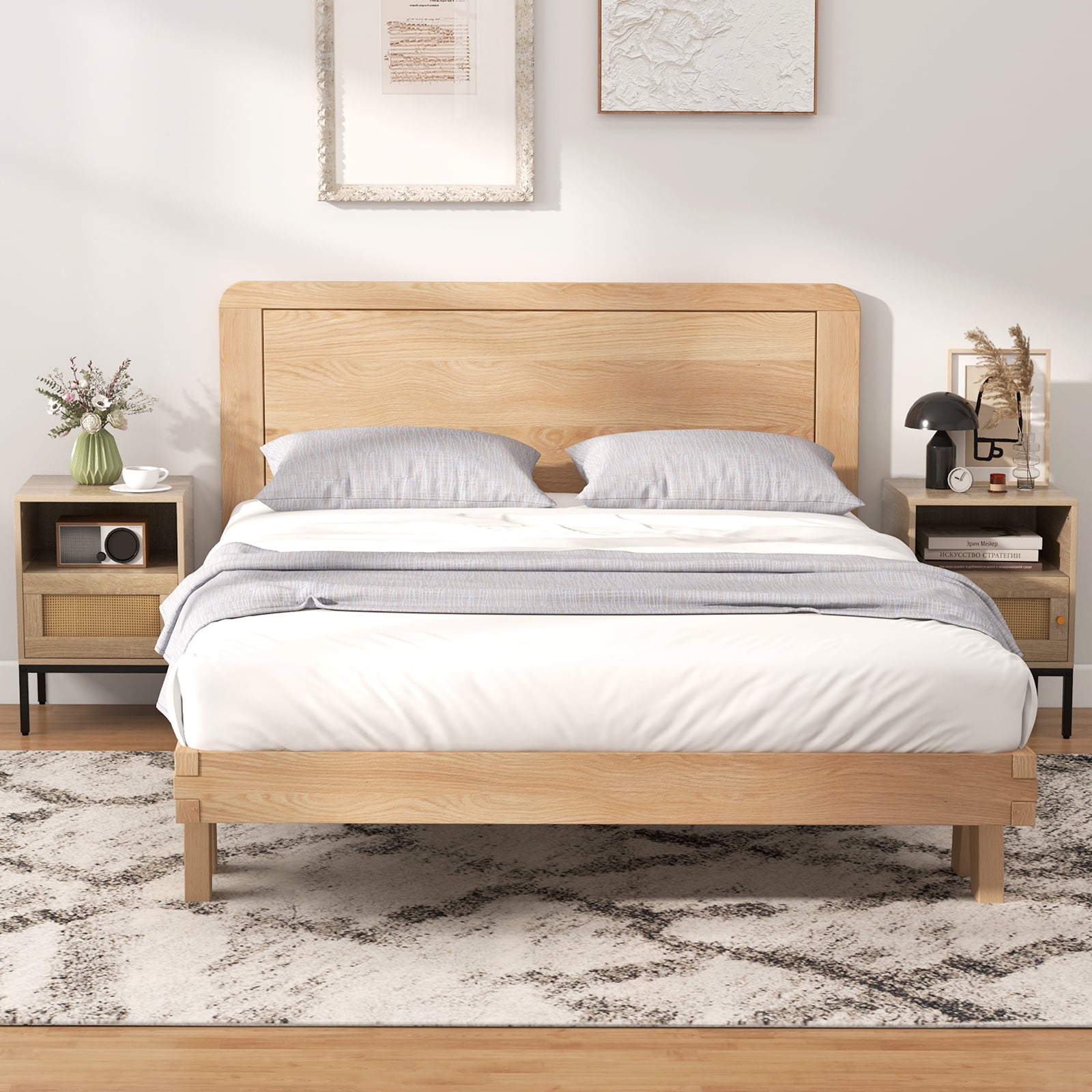 Home Boho Style Nightstand Accent Table with Open Shelf and Door Cabinet-Natural