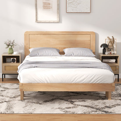 Home Boho Style Nightstand Accent Table with Open Shelf and Door Cabinet-Natural