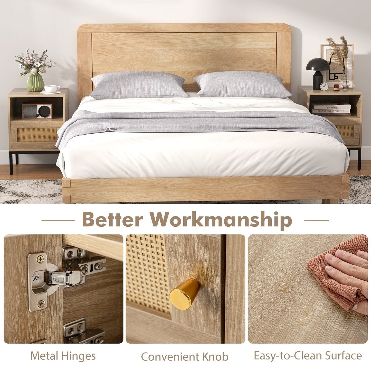 Home Boho Style Nightstand Accent Table with Open Shelf and Door Cabinet-Natural