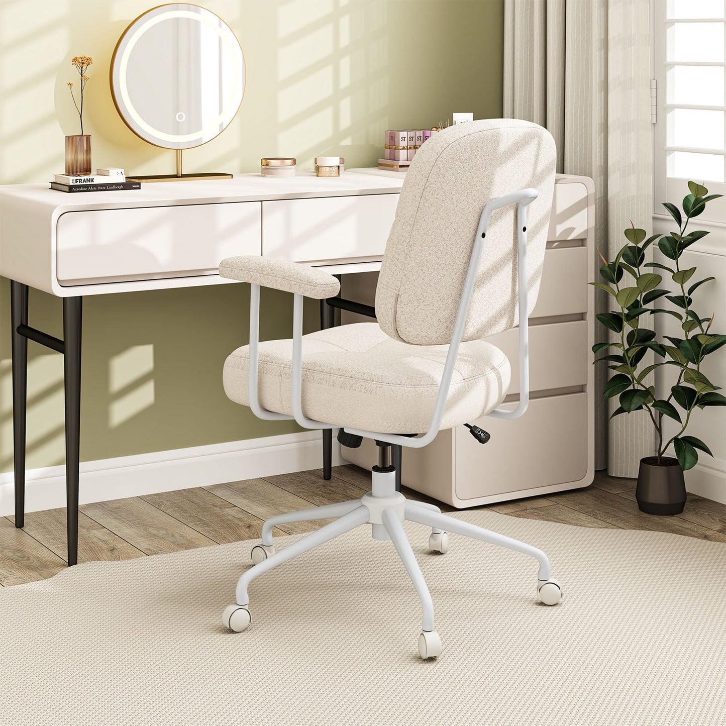 Home Office Chair with Cushioned Back and Rocking Function-Beige