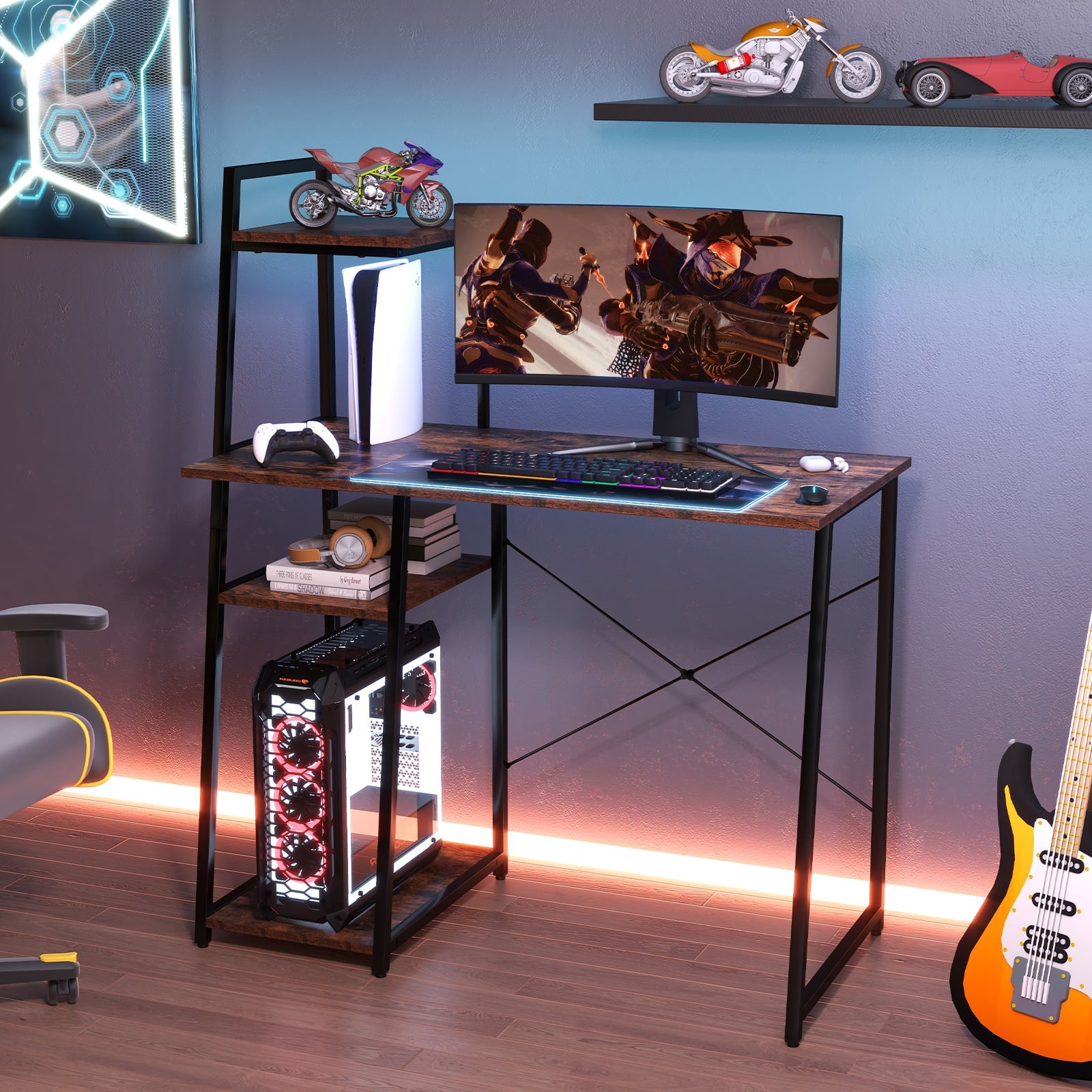 Home Office Desk with Bookshelf and Host Stand-Brown