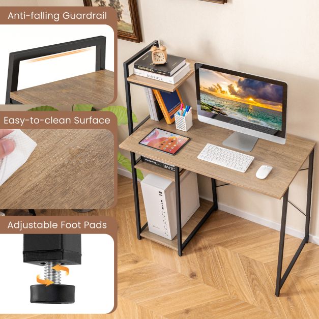 Home Office Desk with Bookshelf and Host Stand-Natural