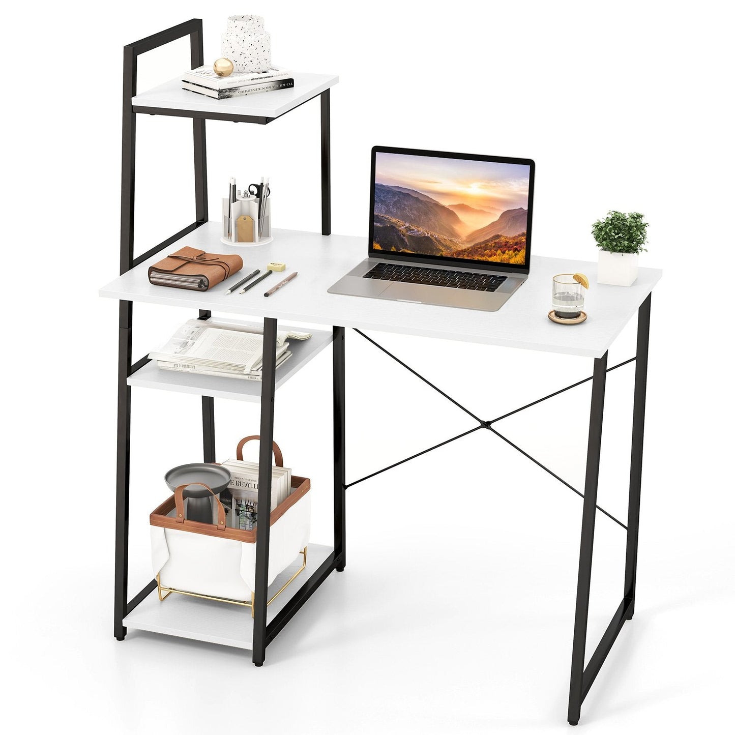 Home Office Desk with Bookshelf and Host Stand-White